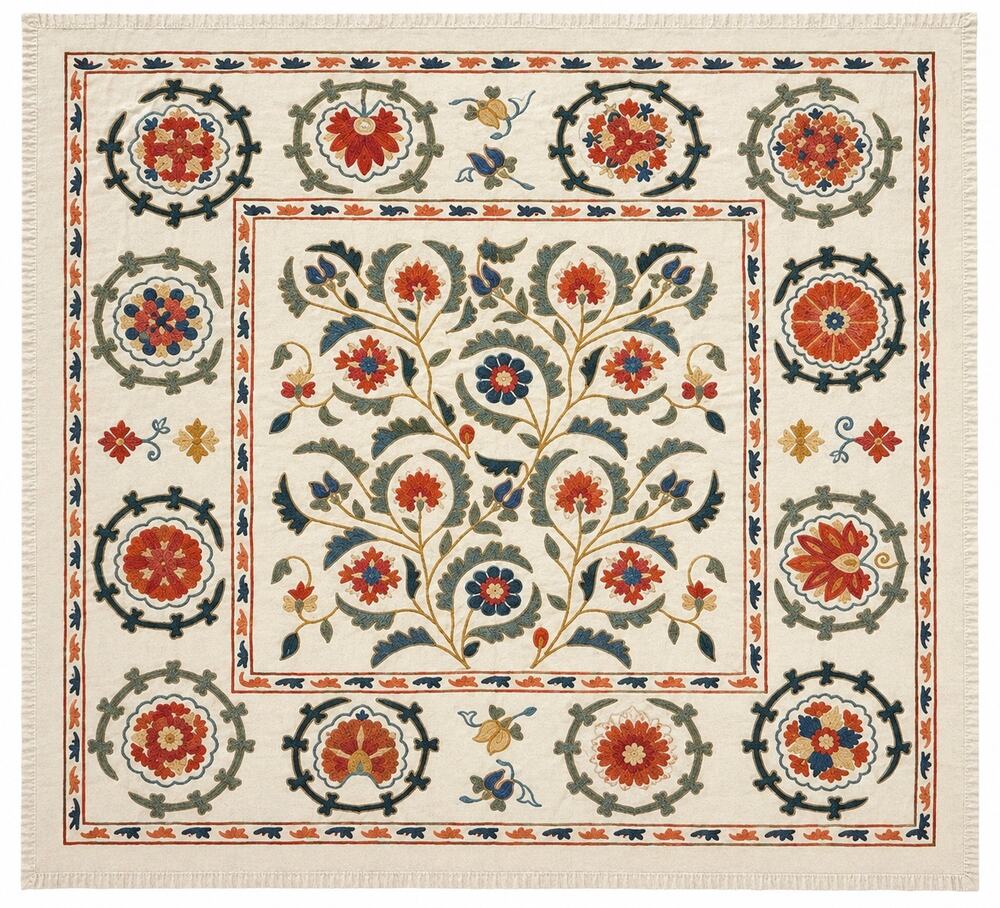 Pottery Barn Suzani Floral Embroidered Table Throw 50x50 Square 100% Cotton Base